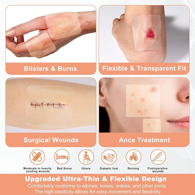 FRESINIDER Hydrocolloid Wound Dressing 2" x 2" – 10 Pack Ultra Thin Self-Adhesive Bandages for Wound Care, Bed Sores, Acne, Blisters – Waterproof & Absorbent Hydrocolloid Patches for Faster Healing