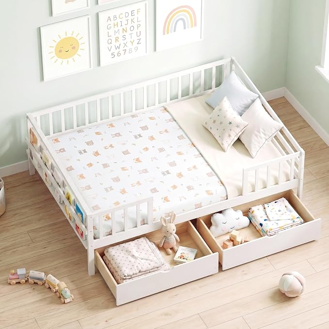 Giantex Full Kids Bed with Storage Drawers, Wood Montessori Bed with Rails & Side Shelf, Low Daybed Bed Frame for Boys Girls, No Box Spring Needed (White)