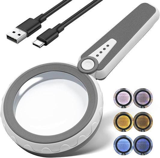 45X Magnifying Glass with Light for Reading – Large 4.6" Rechargeable LED Magnifier with 6 Color Modes, 1200mAh Battery – Magnifying Glass for Seniors, Close Work, Hobbies