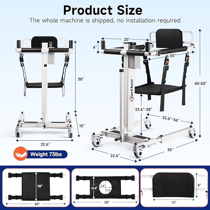 Electric Patient Lift Transfer Chair, Electric Transfer Lift for Home with Adjustable Height for Seniors, Electric Assist Lift Aid for Seniors - 300 lb Capacity, IPX54 Waterproof for Shower