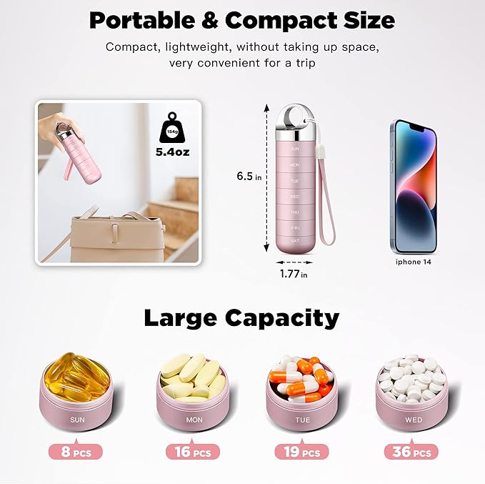 Zannaki Metal Travel Pill Organizer, Portable Waterproof Weekly Pill Box, Large Aluminum Alloy Container, BPA Free 7 Day Daily Medicine Organizer Holder for Vitamin, Fish Oil, Supplement