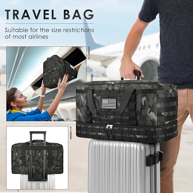 Gym Bag for Men Women, Carry on Luggage 22x14x9 Airline Approved Duffle Bag | Tactical Travel Bags with Toiletry Bag and Shoe Compartment, Weekender Overnight with Wet Pocket for Workout, Black Camo