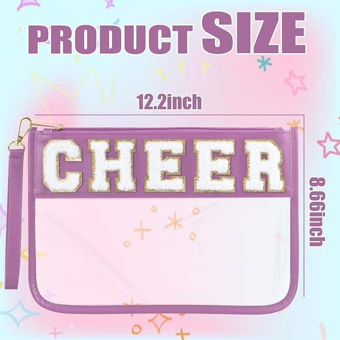 BuyCard Cheer Chenille Letter Bags Clear Makeup Bag, Cheerleader Gift Cosmetic Bag, Varsity Preppy Patch Flat Pouch Cheer Accessories, Waterproof PVC Organizer Toiletry Bag for Women Girls Purple