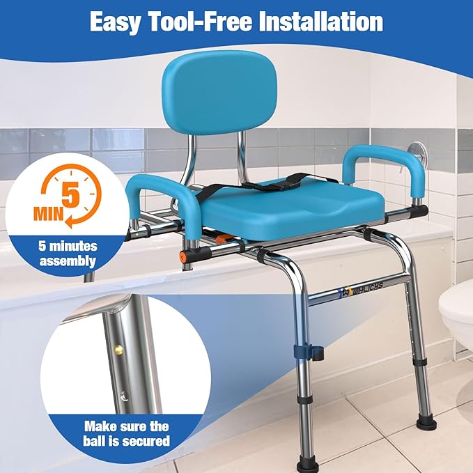 Sliding Shower Chair Tub Transfer Bench with Swivel Seat, 450lbs Shower Chair for Elderly and Disabled, Adjustable Height and Arms Width Bath Transfer Benches for Bathtub