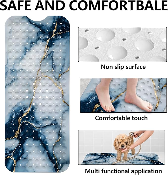 LNOND Marble Bath Tub Mat Non Slip, Extra Long 40 X 16 Inch Anti Slip Mat for Bathtub, Navy Blue Gold Marble Shower Mat with Drain Holes and Suction Cups, Machine Washable