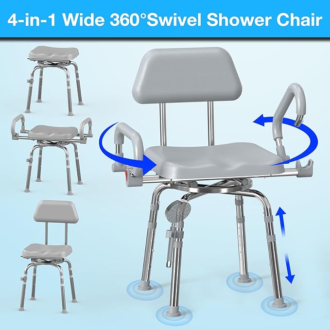 Swivel Shower Chair with Arms and Back,Anti-Slip Design,with Security Belt for Elderly and Disabled,Adjustable Height and Backrest,One-Touch Rotate Shower Chair,Gray