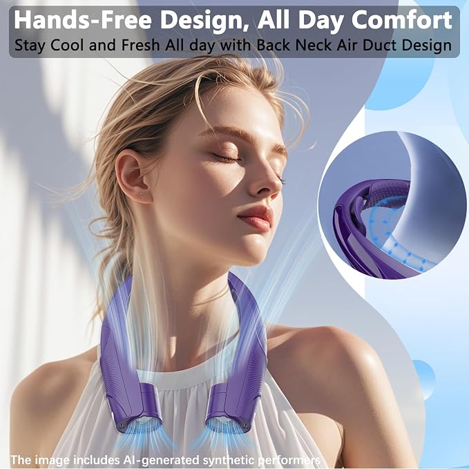 Neck Fan, 6000mAh USB Rechargeable Hands Free Personal Fan, 6 Speeds Adjustable Portable Neck Fans, Faster Cooling Wearable Fan, Ultra Quiet for Outdoor, Travel, Home, Office - Purple