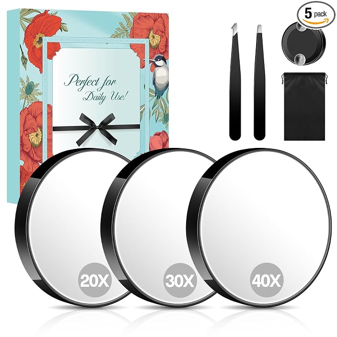 MIYADIVA Magnifying Mirror 40X/30X/20X, 3.5 Inch Round Compact Mirror with Suction Cup, 2Ps Stainless Steel Tweezers, Perfect for Makeup, Eyebrows, Beards, Travel