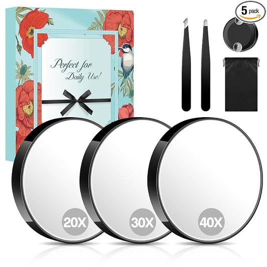 MIYADIVA Magnifying Mirror 40X/30X/20X, 3.5 Inch Round Compact Mirror with Suction Cup, 2Ps Stainless Steel Tweezers, Perfect for Makeup, Eyebrows, Beards, Travel