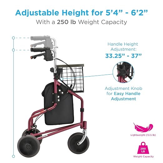 NOVA Traveler Folding 3-Wheel Walker with Tray, Basket, Pouch & Cup Holder, Lightweight Mobility Aid for Seniors & Adults, 8” All-Terrain Wheels for Tight Spaces & Travel, Red