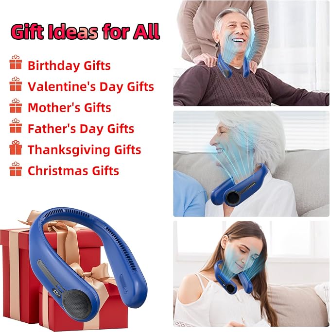 Portable Neck Fan, Personal Wearable Bladeless Fan, 6000mAh USB Rechargeable, 360° Airflow, LED Display, 4-Speeds, Hands Free Fan for Outdoor Indoor, Birthday Gifts for Men Women Dad Mom (Navy)
