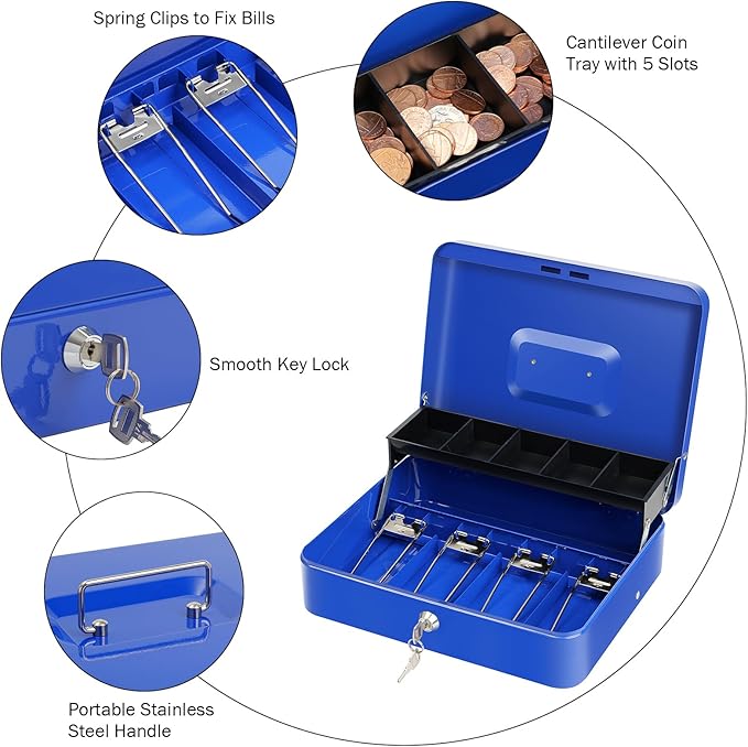 Cash Box with Lock Key and Money Tray - Large Money Box for Cash Register, Metal Lock Box for Money Safe 11.8" x 9.4" x 3.54" Blue