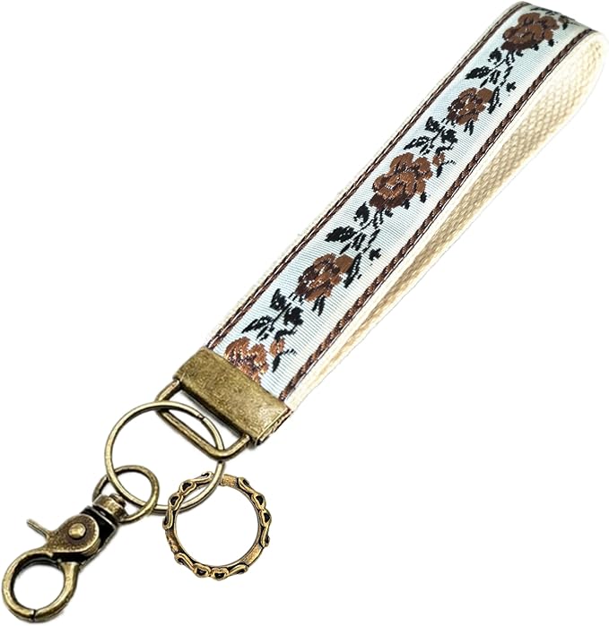 Boho Vintage Embroidered Floral plant Wristlet Keychain for Women | Cute Lanyard&Antique Brass Clasp, Lightweight Hands-Free Key Holder for keys,purses,handbags and daily outdoor use for ladies