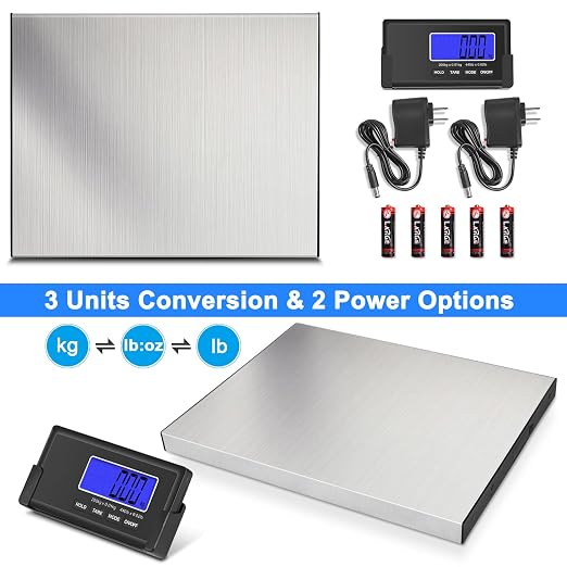 THINKSCALE 440lb Heavy Duty Digital Shipping Scale, 10g Wireless LCD | Stainless Steel Platform, Large Backlit LCD, Hold/Tare Function, USB & Battery Power for Packages, Luggage and Business Use