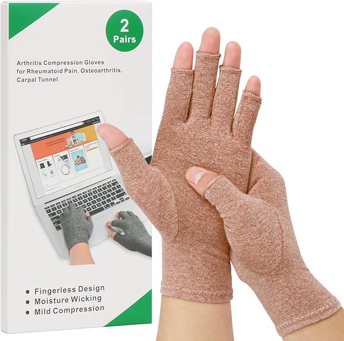 2-Pair Arthritis Compression Gloves for Alleviate Rheumatoid Osteoarthritis, Carpal Tunnel Raynauds Disease, Fingerless Design Breathable & Moisture, Women and Men (Coffee, Large)