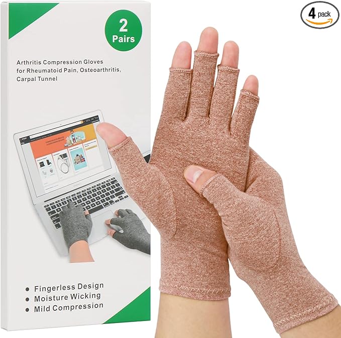 2-Pair Arthritis Compression Gloves for Alleviate Rheumatoid Osteoarthritis, Carpal Tunnel Raynauds Disease, Fingerless Design Breathable & Moisture, Women and Men (Coffee, Medium)