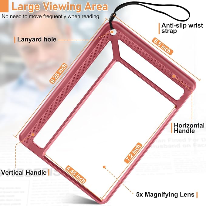 AKKYCVS 5X Full Page Magnifying Glass for Reading, Lightweight Rectangular Magnifier Provides Large Book Page Viewing Area, Handheld Magnifier for Reading Small Prints for Seniors, Low Vision-Red