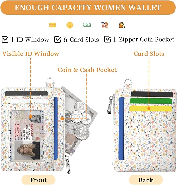 Hancynir Floral Flower Slim Wallet Women Credit Card Holder Wristlet RFID | Small Keychain Lanyard Wallet, Travel Zipper Coin Pocket, Ladies Gifts Women, Minimalist Card Case, 6 Card Slots, PU Leather