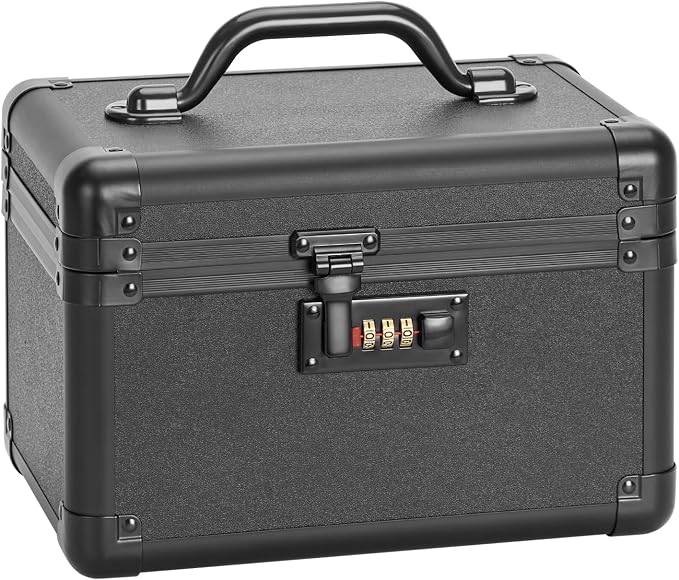 Small Lock Box with Combination Lock – Portable Lockable Storage Box for Medicine, Cash & Personal Items, Childproof Security Case for Home Dorm Office, 10.2x6.8x6.9 Inch, Black