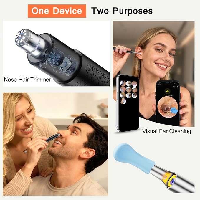 2-in-1 Visual Ear Wax Removal & Nose Hair Trimmer, 1296P HD Ear Cleaner with AI Eardrum Alert, Smart Anti-Pinch, 360° Rounded Blades, IP67 Waterproof, APP Visual Camera for Men, Women & Family Use