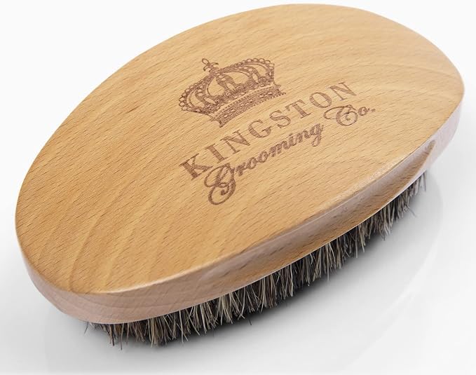 Kingston Grooming Co. Boar Bristle 360 Wave Brush for Men, Hair & Beard | Soft boar hair brush for beards, hair & 360 waves. Military palm style brush. Perfect for normal to thin hair with travel box