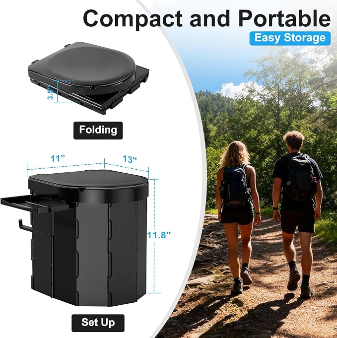 Portable Camping Toilet, Foldable Toilet for Adults with Detachable Phone Shelf and Toilet Paper Holder, Waterproof Porta Potty with Lid for Camping, Hiking, RV Travel, Road Trips
