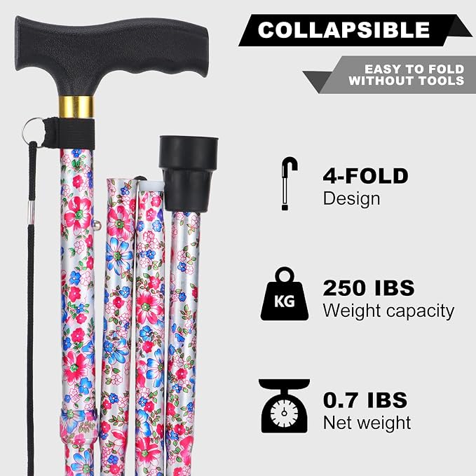 PARLORA Walking Cane for Women and Men, Collapsible, Lightweight, Sleek, Foldable Folding Cane | Walking Sticks for Seniors & Adults with Comfortable T-Handle