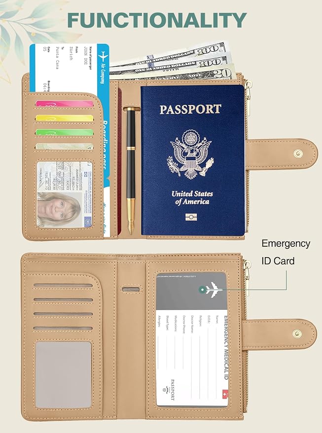 RFID Passport Holder for Travel, Leather Passport Wallet Cover with Airtag | with Airtag Slot, Card Cash Holders, Zippered Coins Pocket, for Women/Men, Gift Box, Travel Essentials, 4.1"L x 1"W x 6.3"H