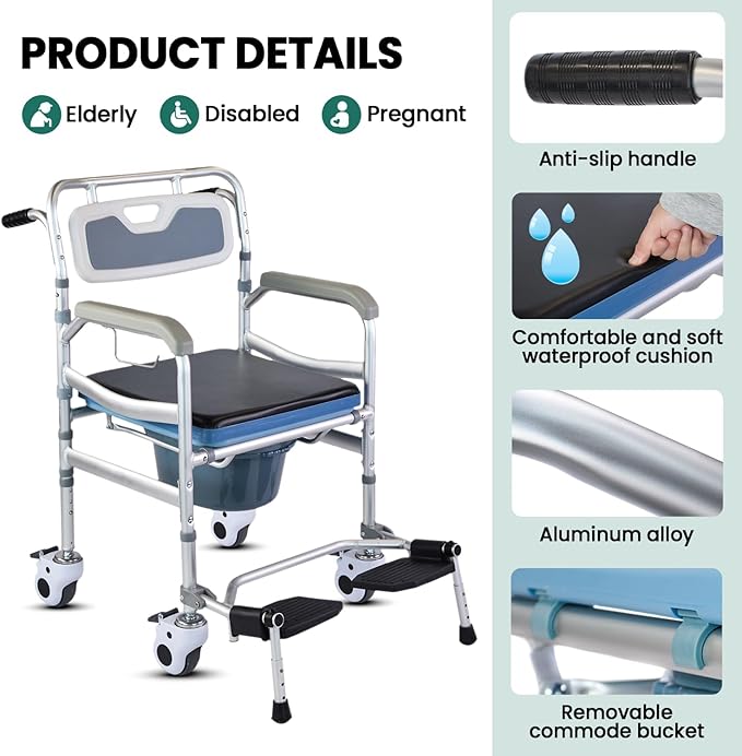4-in-1 Floding Bedside Commode Chair, Rolling Shower Wheelchair with Arms, 4 Lockable Wheels, Detachable Bucket, Toilet Brush, Height Adjustable & Flip-up Footrest, Padded Mobile Toilet Chair