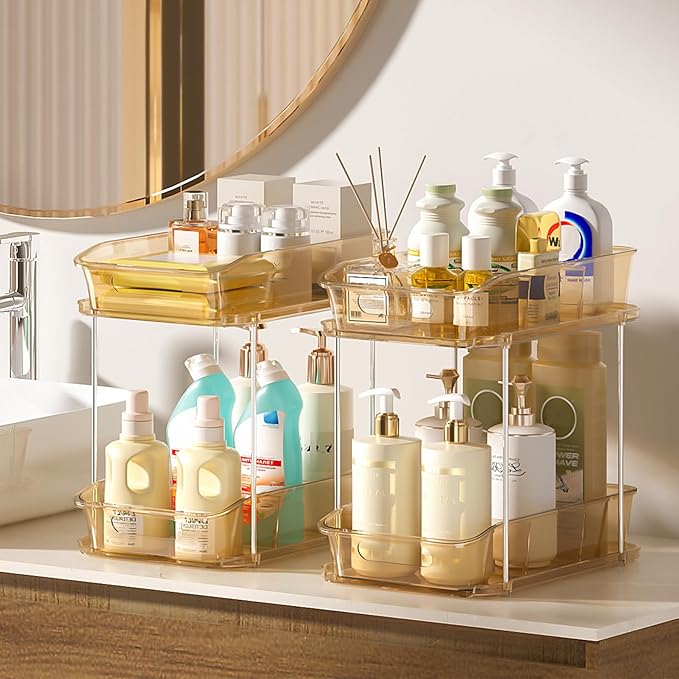 Delamu 2-Tier Under Sink Organizers and Storage, Multi-Purpose Stackable Bathroom Cabinet Organizers, Pull Out Kitchen Pantry Organization and Storage with Dividers Amber, 4 Pack