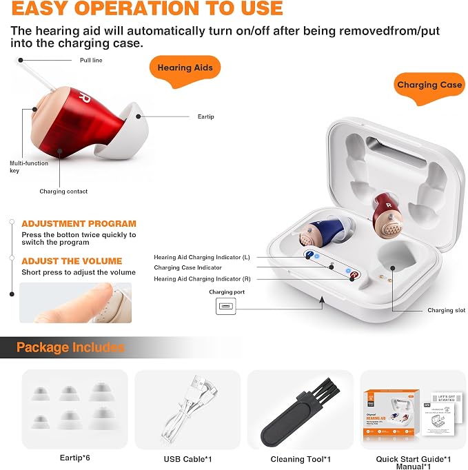 Hearing Aids for Seniors Rechargeable with Noise Cancelling, Hearing Aids, Clear Sound &Rechargeable Charging Case, Super-Mini Invisible Design Comfort Fit in Ear Canal, White
