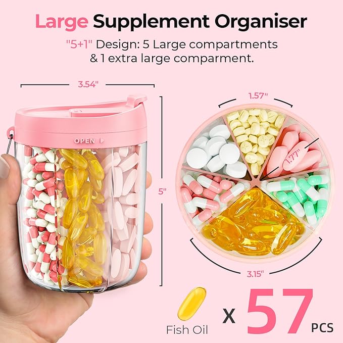 AUVON Large Pill Organizer, Pill Dispenser for Holding 6 Various Vitamins, Pill Box Case with Anti-Mixing & Wide Opening Design, Easy to Retrieve Meds, Includes 20 Pcs Stick-on Labels