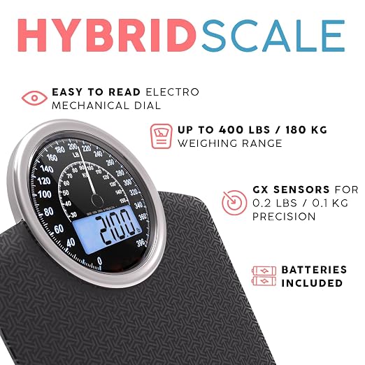 Hybrid Bathroom Scale - Analog & Digital Display, Accurate to 400 lbs | See weight on both an analog dial and digital LCD at once. Wide glass platform, accurate to 0.2 lbs, batteries included.