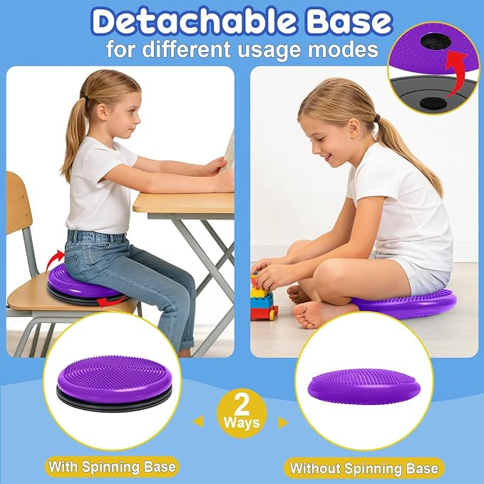 Wobble Cushion, Fimeetoy 360°Spinning Wiggle Seat, ADHD Sensory Chair,Flexible Seating in Classroom & Home,ADHD Tools for Kids,2-in-1 Detachable Balance Pad,Fidget for Focus-Purple