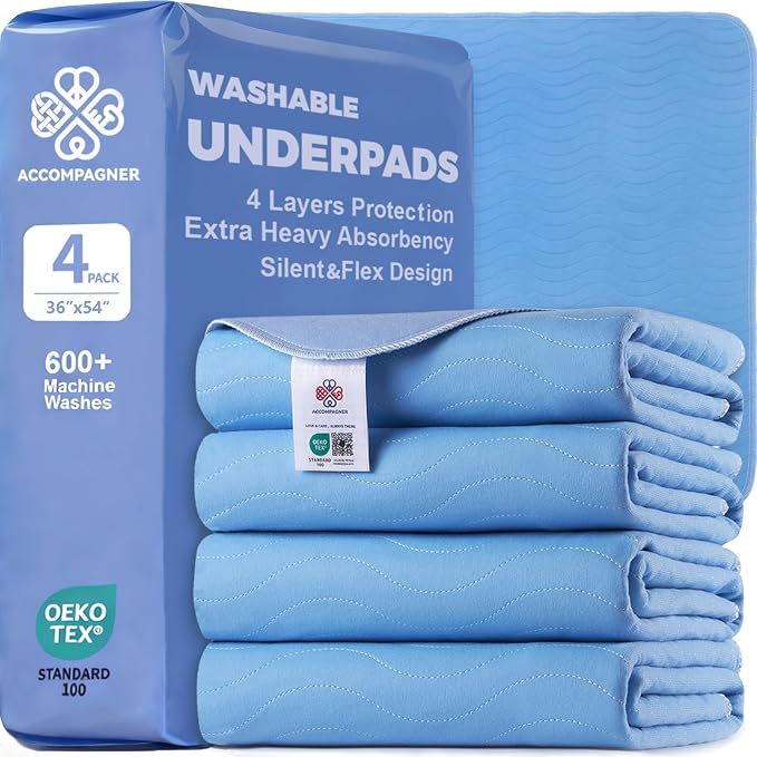Accompagner Incontinence Bed Pads Washable Waterproof, Ultra-Absorbent Reusable Underpads for Diaper Changing, Nursing, Bedridden, Adults, Seniors, Kids and Dogs (Blue, 36"x54"(Pack of 4))