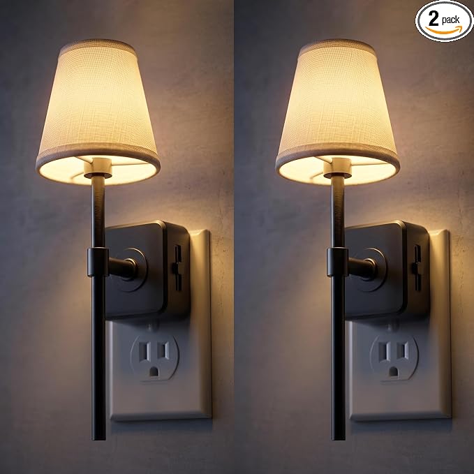 L LOHAS LED Night Light, Premium Fabric Linen Shade Plug in Night Light | 2 Pack Night Lights Plug Into Wall with 0-100 LM Dimmable, 3000K Warm LED Wall Night Light Bedroom, Living Room, Decor