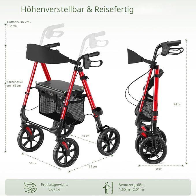 WALK MATE Walkers for Seniors, 4 x10 Inch Big Wheels Rollator Walker with Seat 350lb Weight Capacity Foldable All Terrain Rolling Walker, Lightweight Mobility Aid with Adjustable Height, Red
