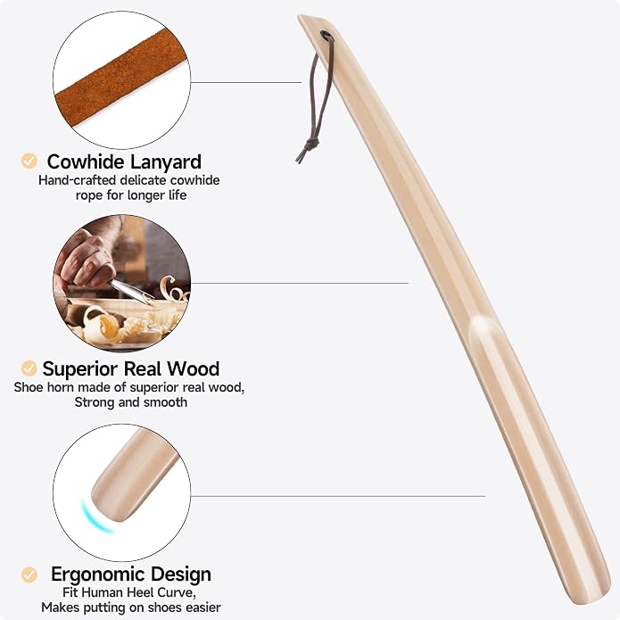 Shoe Horn Long Handle Super Strong Plastic/Genuine Wood with Lanyard,Shoehorn Fit for Men,Women,Seniors,Kids