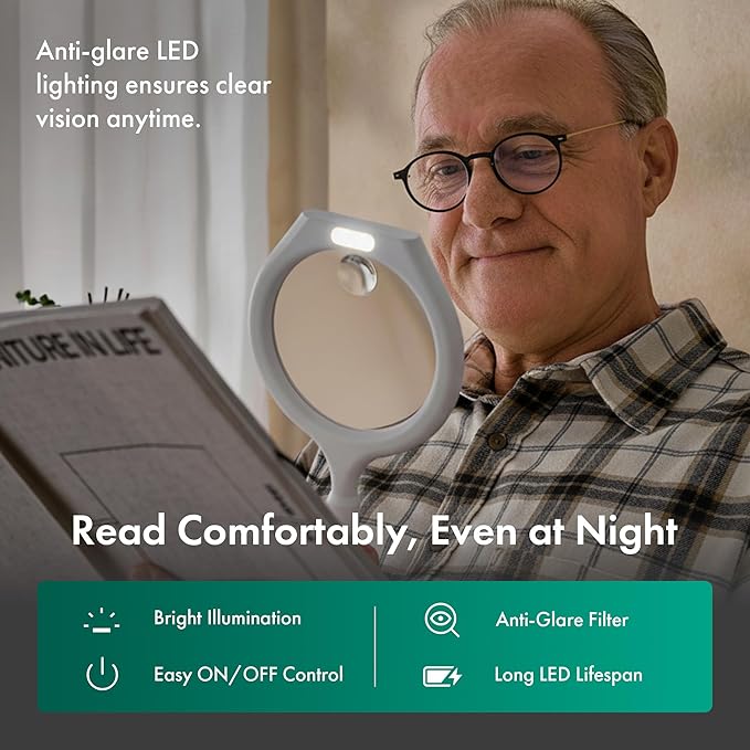 White Magnifying Glass with Light, 2.5X, 4X Handheld Large Magnifying Glass 3-LED, Support, Storage Pouch, Illuminated Lighted Magnifier for Seniors Reading, Observation, Research