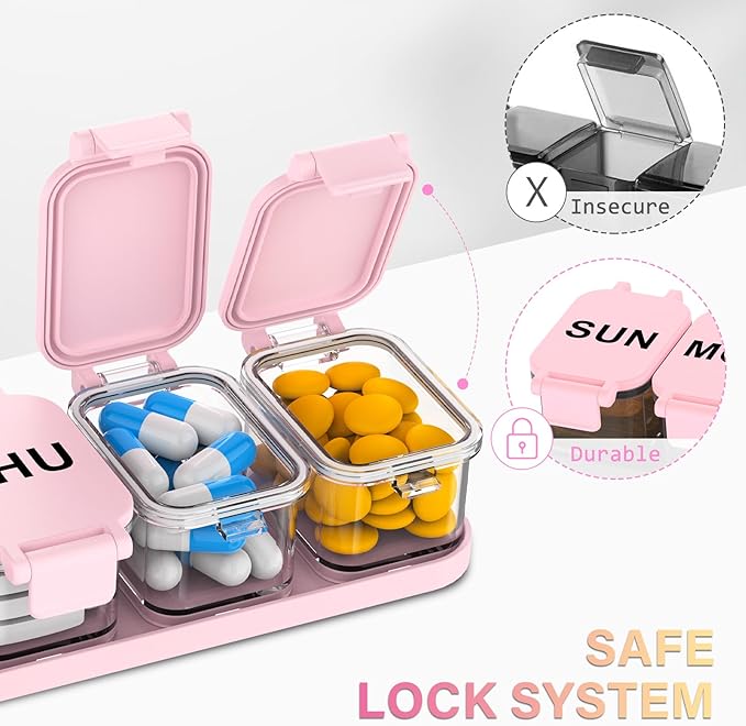 Extra Large Weekly Pill Organizer 7 Day - Portable Daily Pill Box with 7 Detachable Compartments, Vitamin Holder and Medicine Organizer for Supplements, Home and Travel, Pink