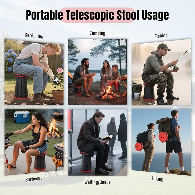 Doseno Portable Stool for Adults, Collapsible Stool, Portable Seat, Red | Upgraded foldable stool, thick PP; portable folding stool with telescoping and retractable design for fishing, hiking and BBQ