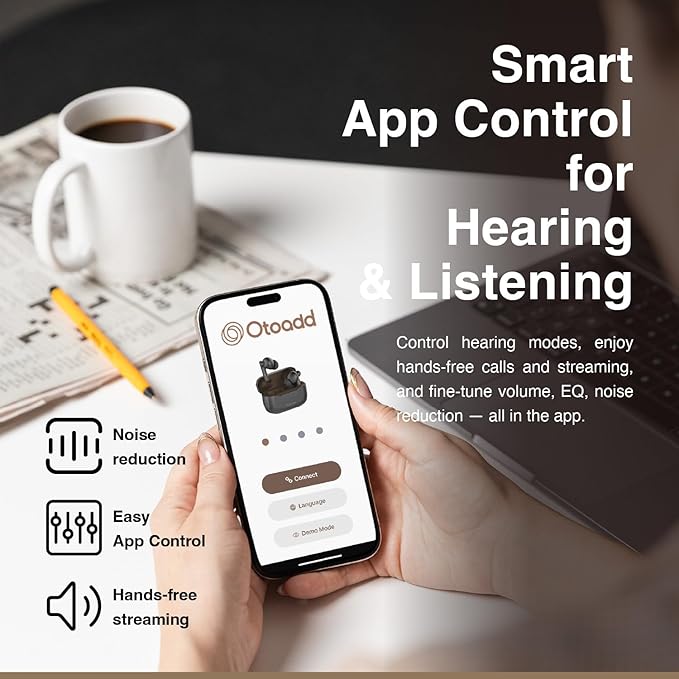 Otoadd F1-S OTC Hearing Aids for Seniors, Rechargeable Battery, Bluetooth App Control & AI Noise Reduction, Invisible Design, Includes 3 Cleaning Brushes