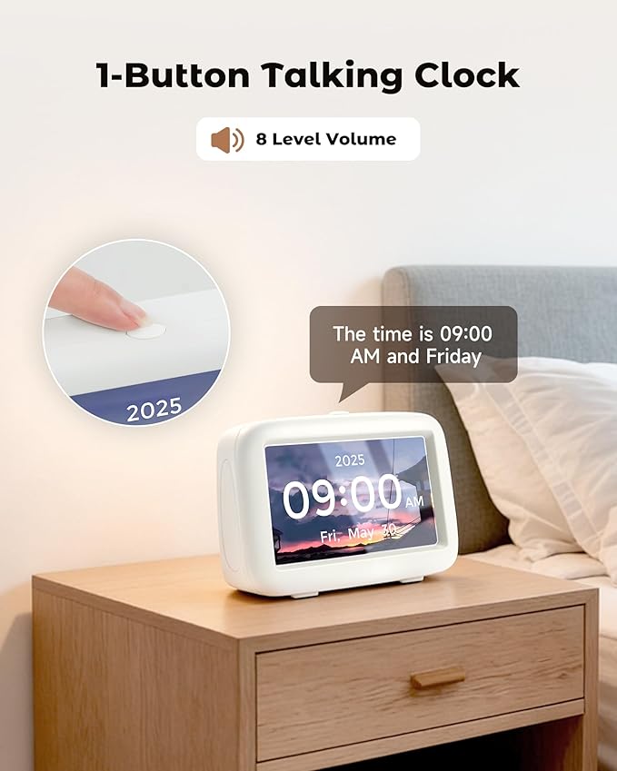 PILSAMAS Talking Clock for Seniors, 8 Medication Pill Reminders Alarms | Big digit, 12 custom event alerts, 5 Alarms & Auto DST, Bedside & desk alarm clock for blind, Visually Impaired, Dementia