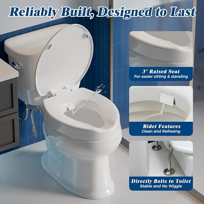 Clirass Raised Toilet Seat with Bidet Attachment,Elongated - Non-Electric Bidet with Dual Nozzles - Elevated Toilet Risers for Seniors & Limited Mobility - Easy Install & Clean