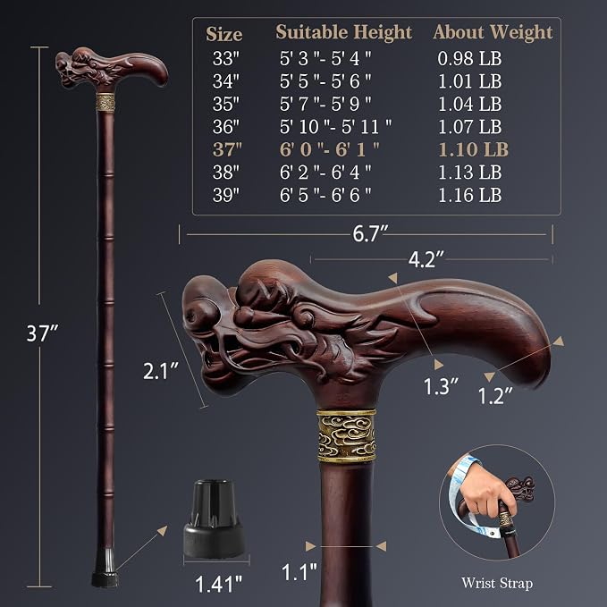 Wooden Walking Cane, 3D Dragon Engraved Cane Support up to 400 lb, Canes for Seniors Men Women of Different Heights