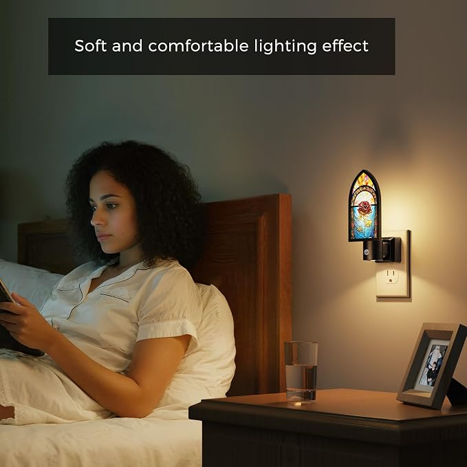 L LOHAS LED Night Lights Plug into Wall, Gothic Night Light with Light Sensor, 3000K Soft White, 0-100LM Adjustable Brightness, Acrylic Rose Nightlight for Bathroom Bedroom Hallway, 2 Pack