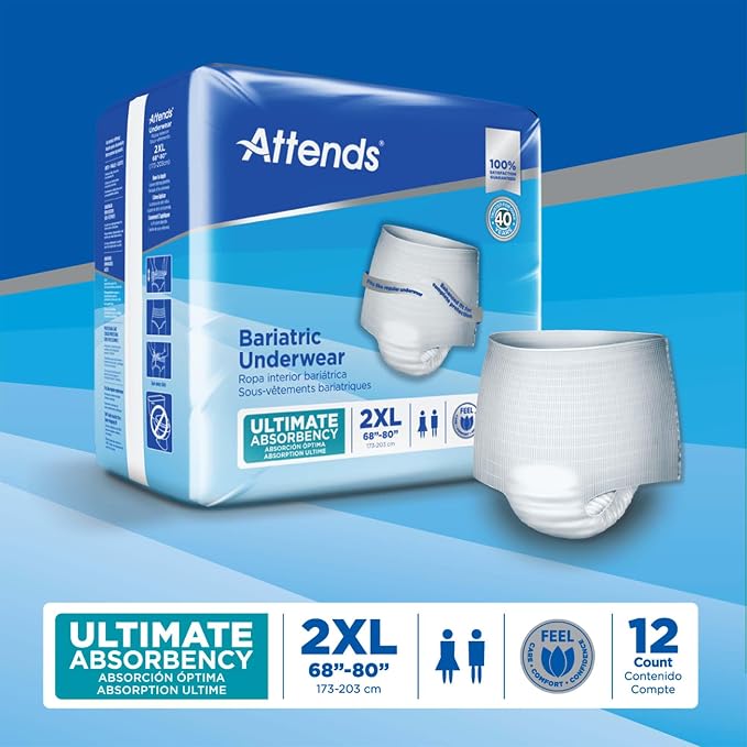 Attends Bariatric Adult Incontinence Underwear, 2X-Large (68–80”), [12 Count] – Overnight Absorbency for Men and Women, Disposable Pull-On Diapers with Tear-Away Sides, AU50