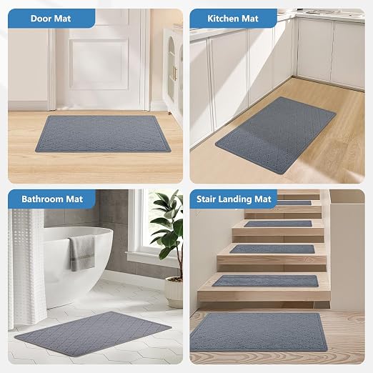 Stair Treads with Landing Rug for Wooden Steps Indoor, Peel and Stick Stair Treads Matching-Mat 20"X32" Stair Landing Slip Resistant Polyester Stair Rugs Non Slip for Seniors and Dogs,Grey Blue