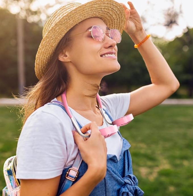 JUANANIUG Portable Neck Fan Rechargeable Personal HandFree Fan Mini USB Wearable Neckband Sport Fan 3 Speed Adjustable 360 Degrees Rotation Perfect for Working Traveling Office Reading (Pink)