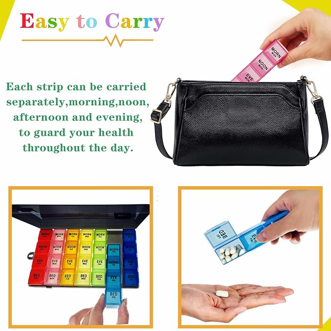 ZVZM Weekly Pill Organizer 4 Times a Day, Large Medicine Organizer, Pill Box 7 Day 28 Compartment, Portable Travel Pill Container Case for Vitamin and Supplement (Color)